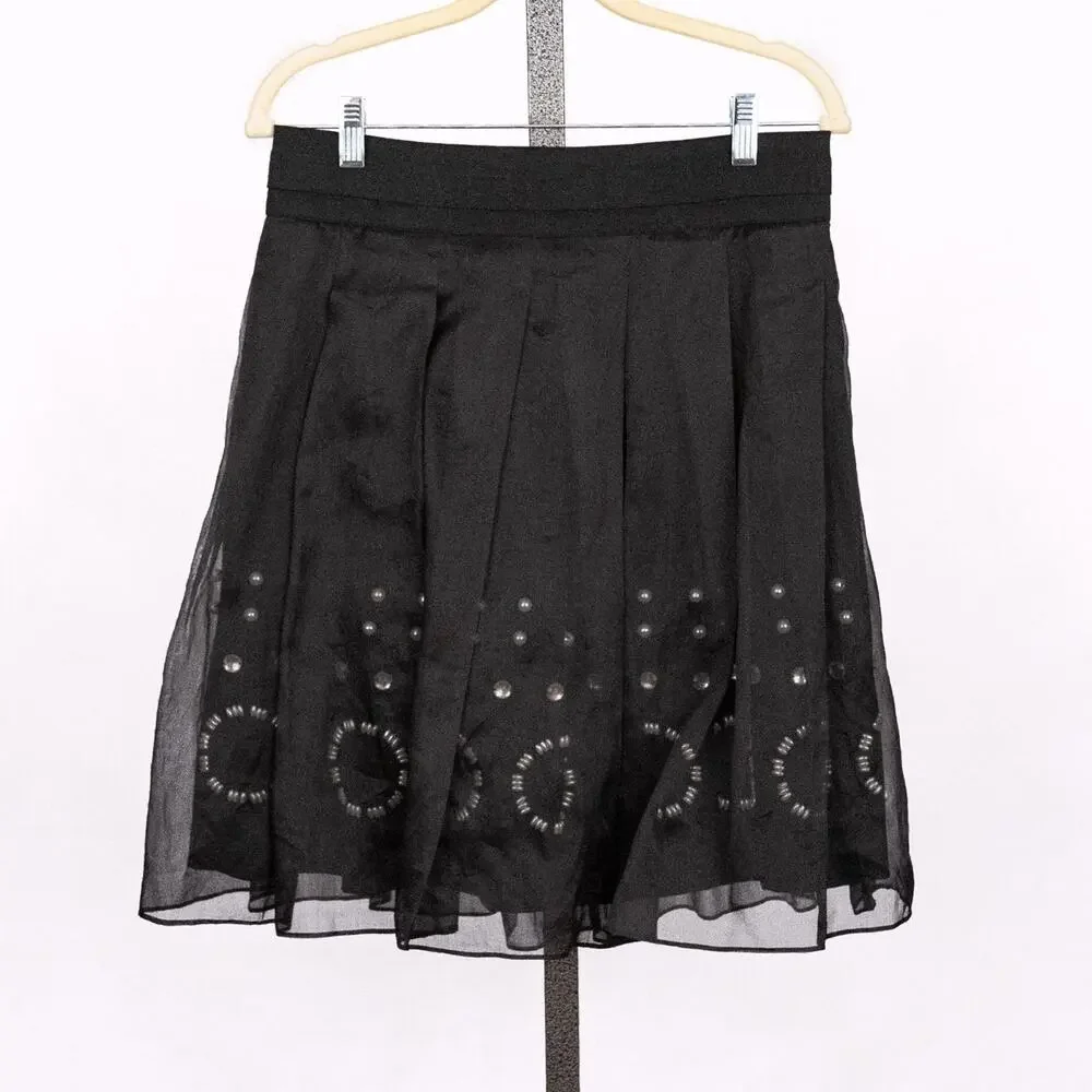 DKNY Sheer Black Silk Over Beaded Wool Skirt Size 2 Artsy Elegant Event Whimsy